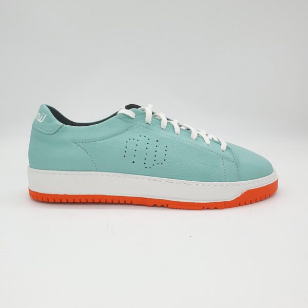 EDITION LIMITEE Sneakers Cuir Turquoise : modèle "Derby" - Semelle Blanche et Orange – Image 3