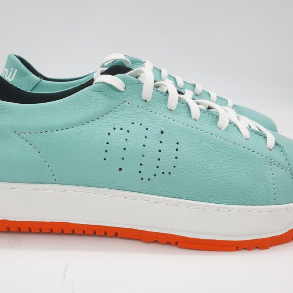 EDITION LIMITEE Sneakers Cuir Turquoise : modèle "Derby" - Semelle Blanche et Orange – Image 5